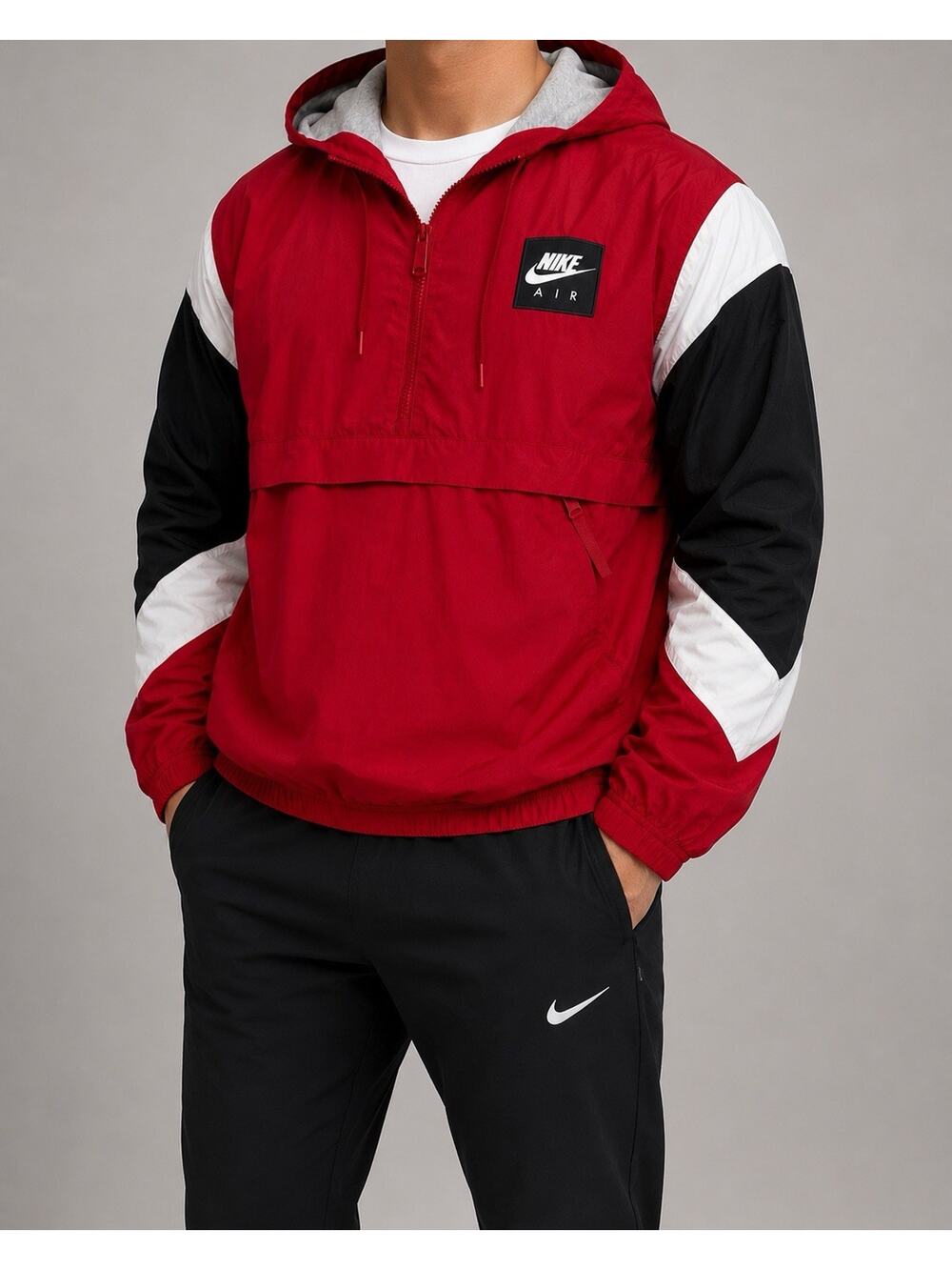 Nike Air Windbreaker Jacket Mens Small Red Half Zip Hooded Anorak Pullover Lined